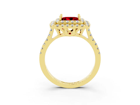 Yellow gold Double Halo Princess Cut Ruby Pavé Band with Four-Prong Setting_3