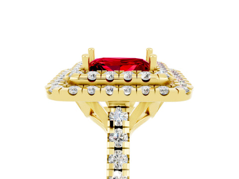 Yellow gold Double Halo Princess Cut Ruby Pavé Band with Four-Prong Setting_5