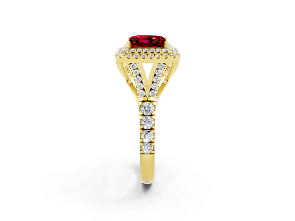 Yellow gold Double Halo Princess Cut Ruby Pavé Split Shank Ring with Prong Setting