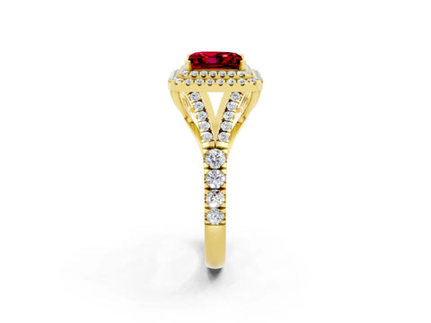 Yellow gold Double Halo Princess Cut Ruby Pavé Split Shank Ring with Prong Setting_2