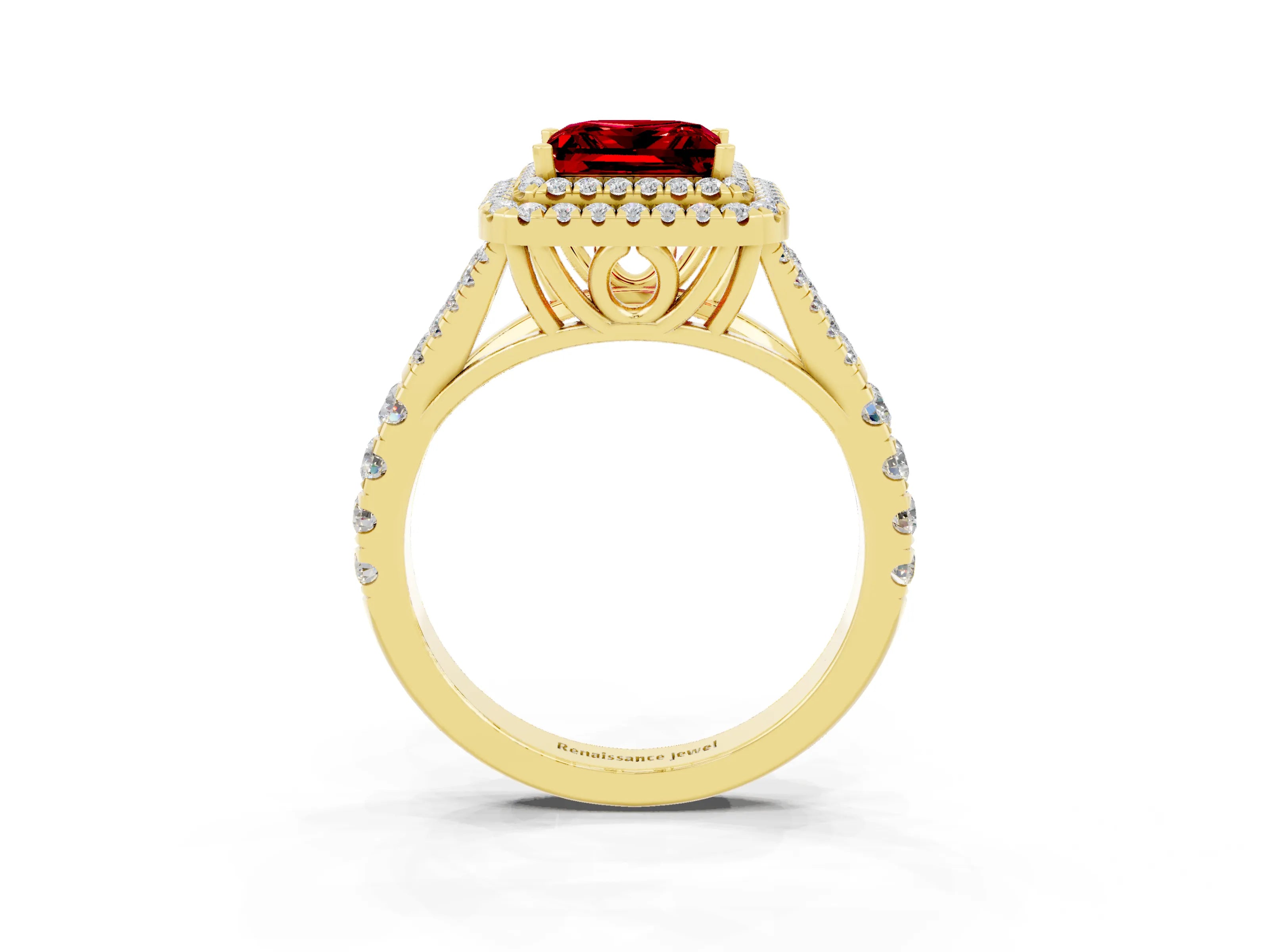 Yellow gold Double Halo Princess Cut Ruby Pavé Split Shank Ring with Prong Setting_3