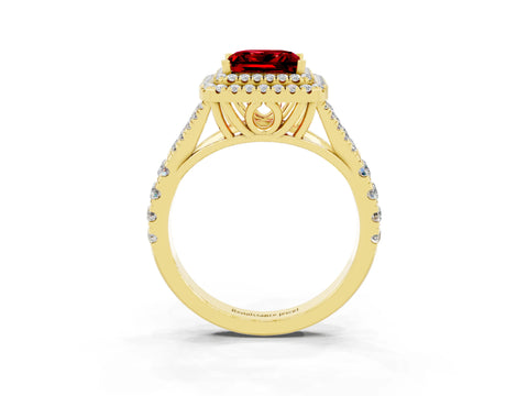 Yellow gold Double Halo Princess Cut Ruby Pavé Split Shank Ring with Prong Setting_3