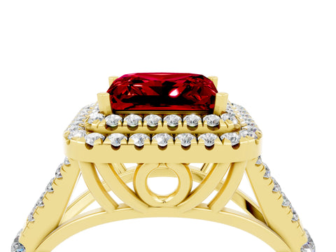 Yellow gold Double Halo Princess Cut Ruby Pavé Split Shank Ring with Prong Setting_4