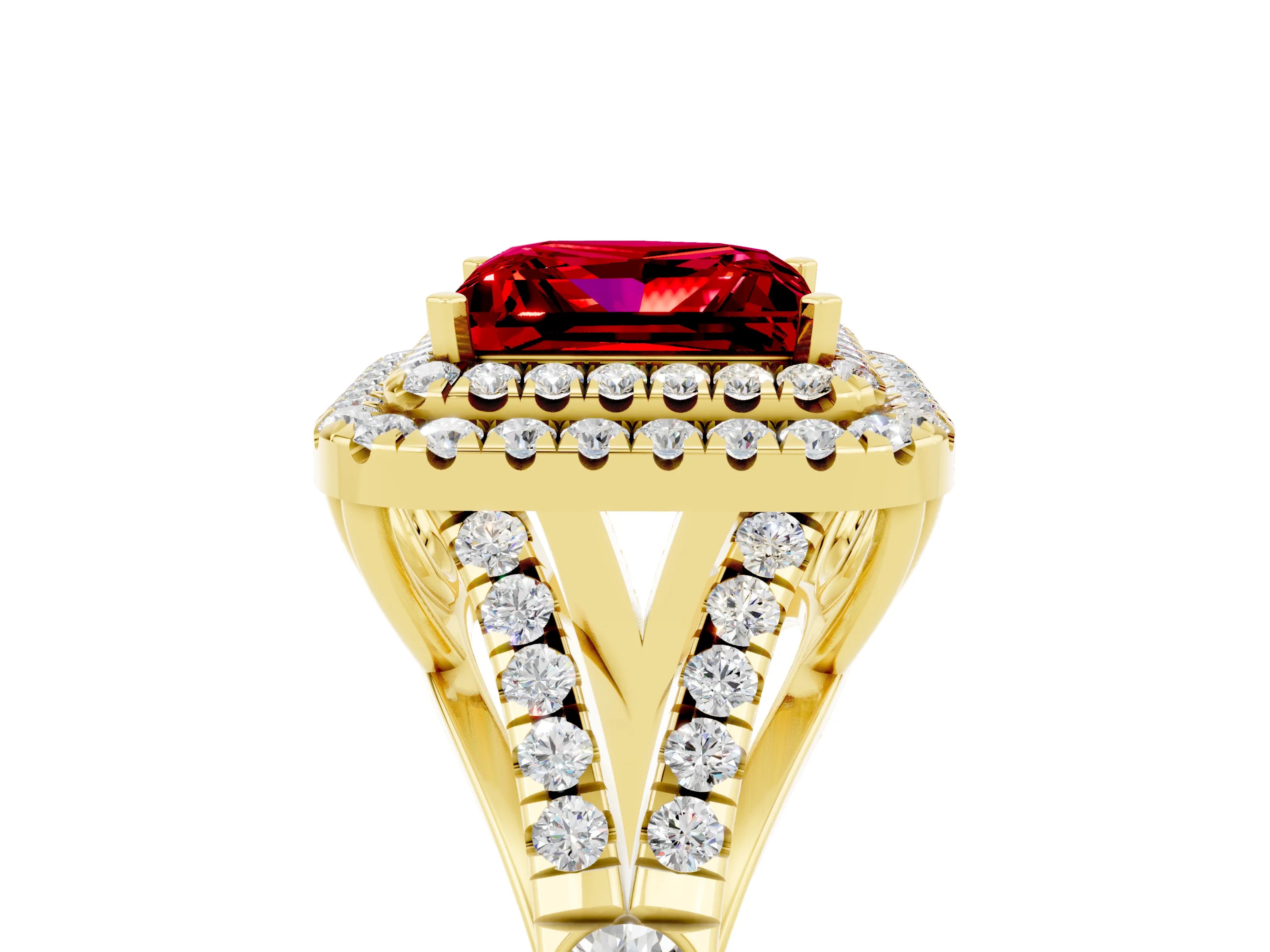 Yellow gold Double Halo Princess Cut Ruby Pavé Split Shank Ring with Prong Setting_5
