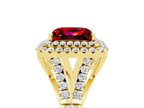 Yellow gold Double Halo Princess Cut Ruby Pavé Split Shank Ring with Prong Setting_5