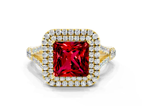 Yellow gold Double Halo Princess Cut Ruby Pavé Split Shank Ring with Prong Setting