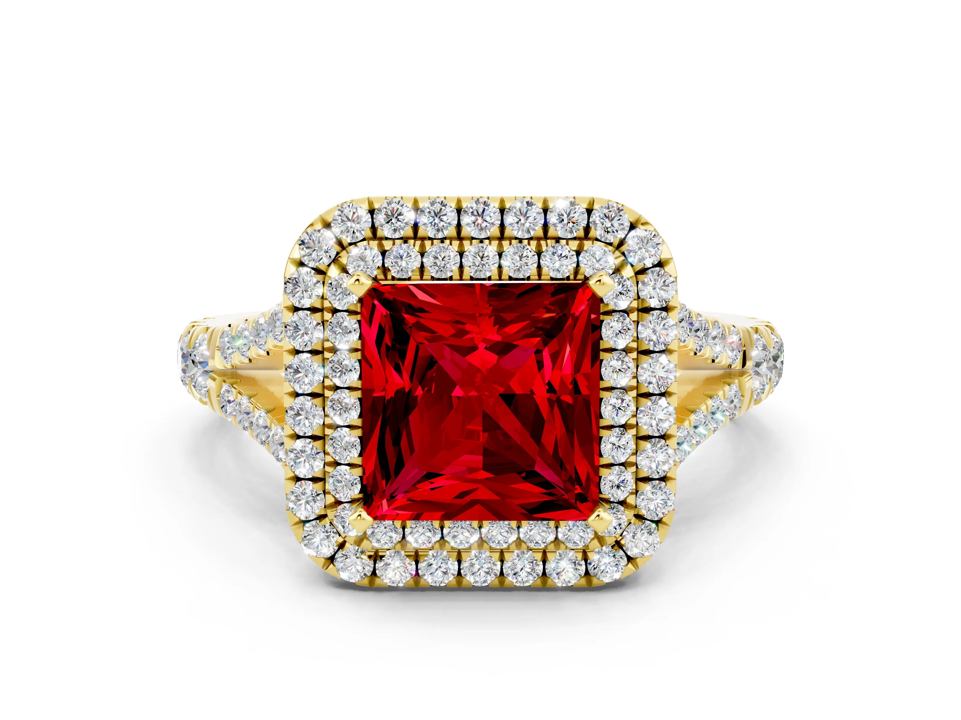 Yellow gold Double Halo Princess Cut Ruby Split Shank Engagement Ring with Four-Prong Setting