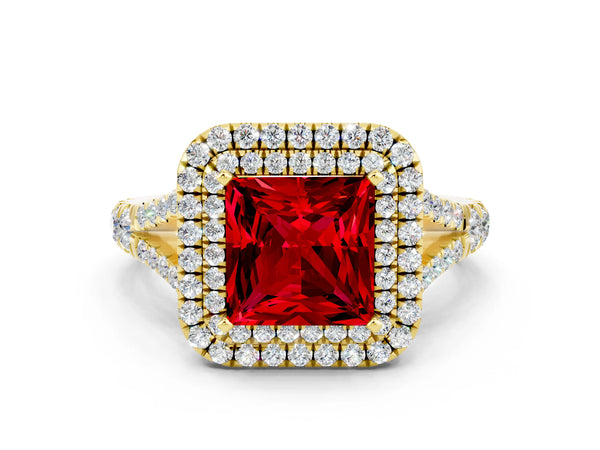 Yellow gold Double Halo Princess Cut Ruby Split Shank Engagement Ring with Four-Prong Setting