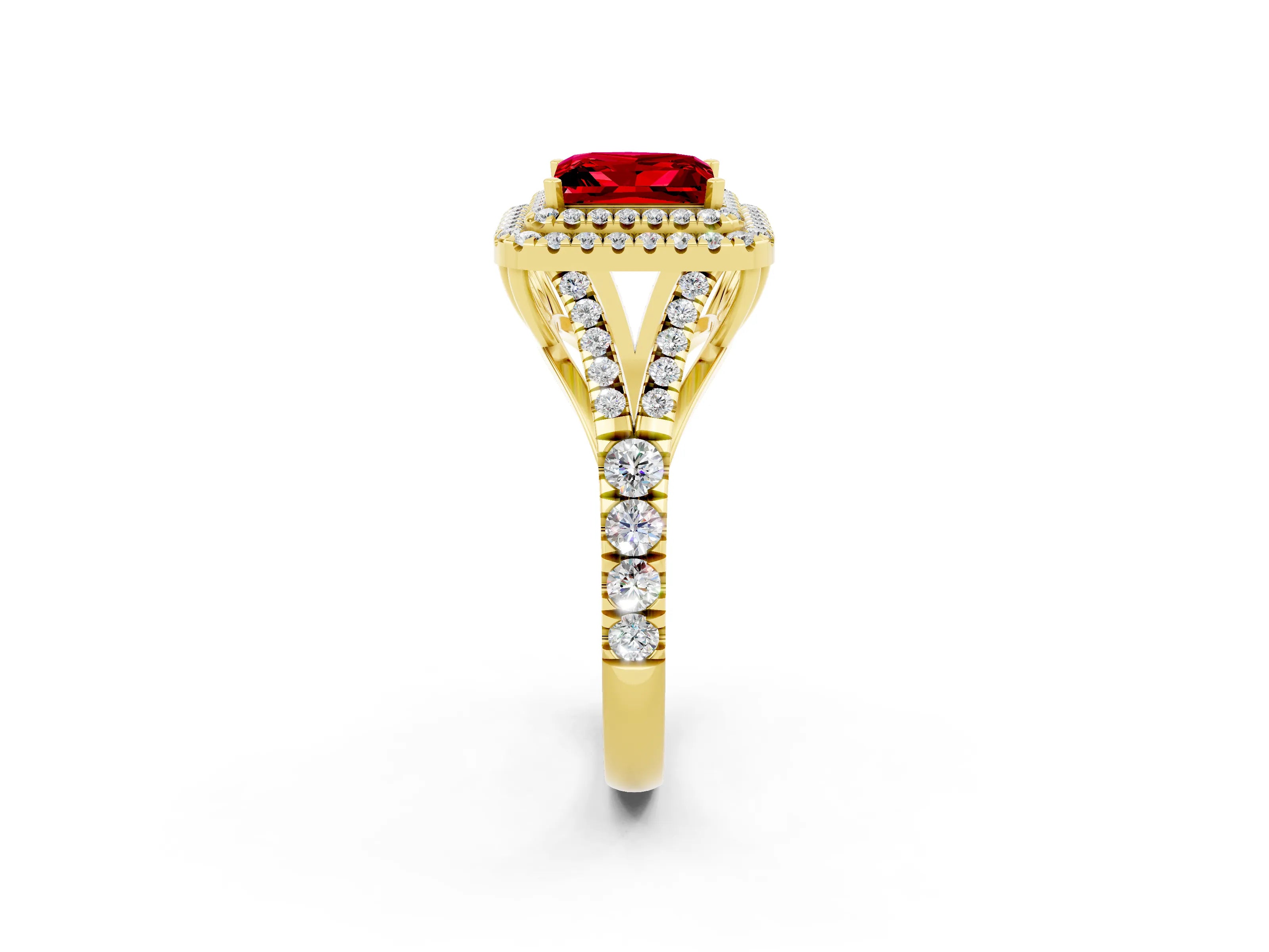 Yellow gold Double Halo Princess Cut Ruby Split Shank Engagement Ring with Four-Prong Setting_2