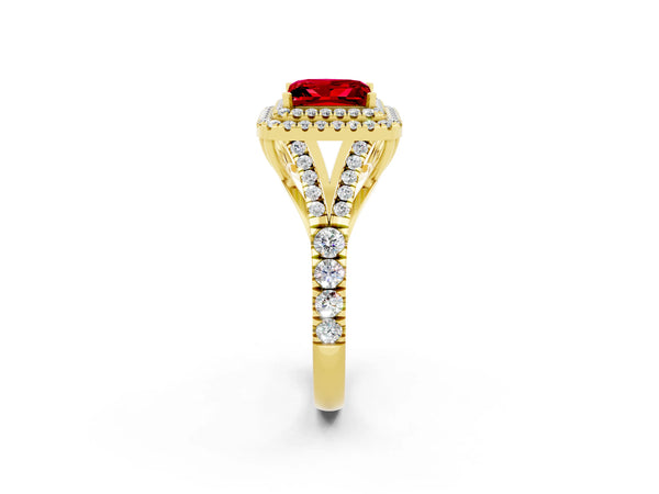 Yellow gold Double Halo Princess Cut Ruby Split Shank Engagement Ring with Four-Prong Setting