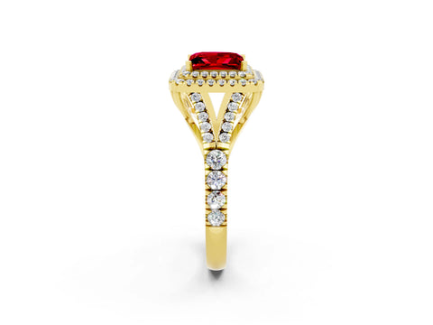 Yellow gold Double Halo Princess Cut Ruby Split Shank Engagement Ring with Four-Prong Setting_2