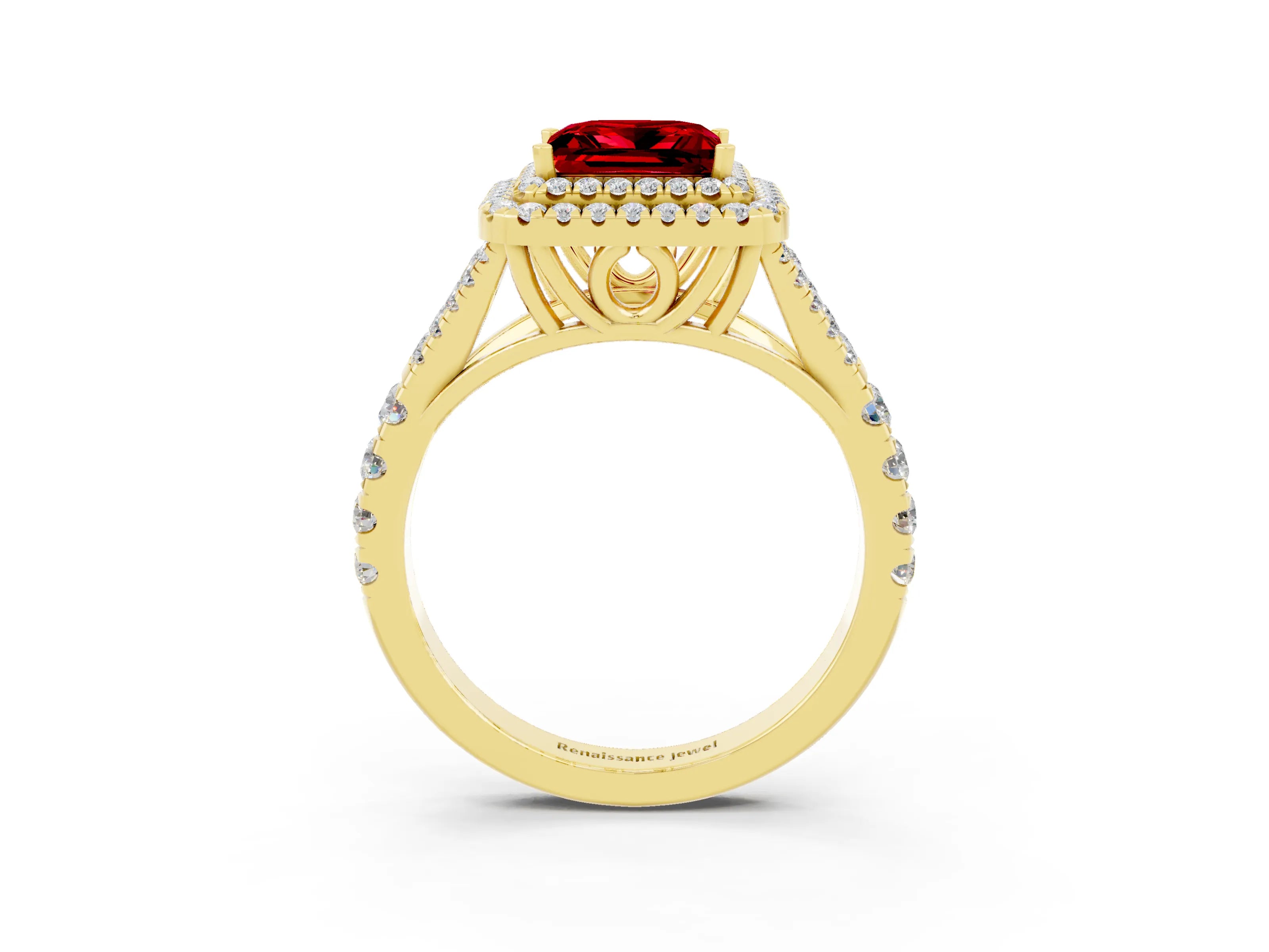 Yellow gold Double Halo Princess Cut Ruby Split Shank Engagement Ring with Four-Prong Setting_3