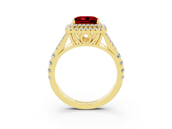 Yellow gold Double Halo Princess Cut Ruby Split Shank Engagement Ring with Four-Prong Setting