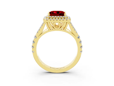 Yellow gold Double Halo Princess Cut Ruby Split Shank Engagement Ring with Four-Prong Setting_3