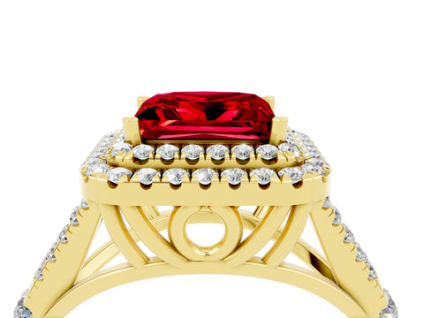 Yellow gold Double Halo Princess Cut Ruby Split Shank Engagement Ring with Four-Prong Setting_4