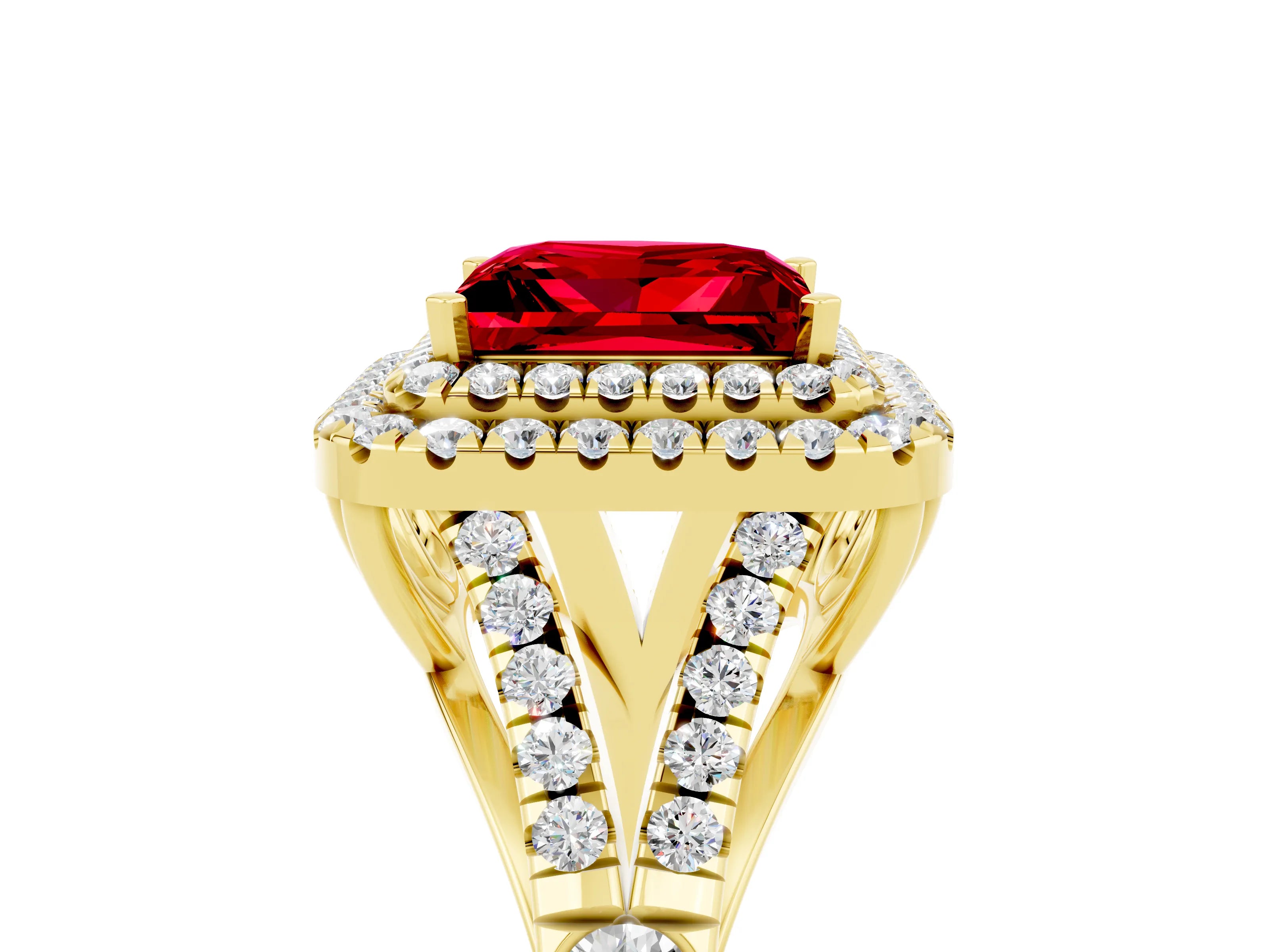 Yellow gold Double Halo Princess Cut Ruby Split Shank Engagement Ring with Four-Prong Setting_5