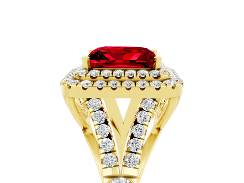 Yellow gold Double Halo Princess Cut Ruby Split Shank Engagement Ring with Four-Prong Setting_5