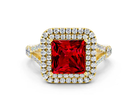 Yellow gold Double Halo Princess Cut Ruby Split Shank Engagement Ring with Four-Prong Setting