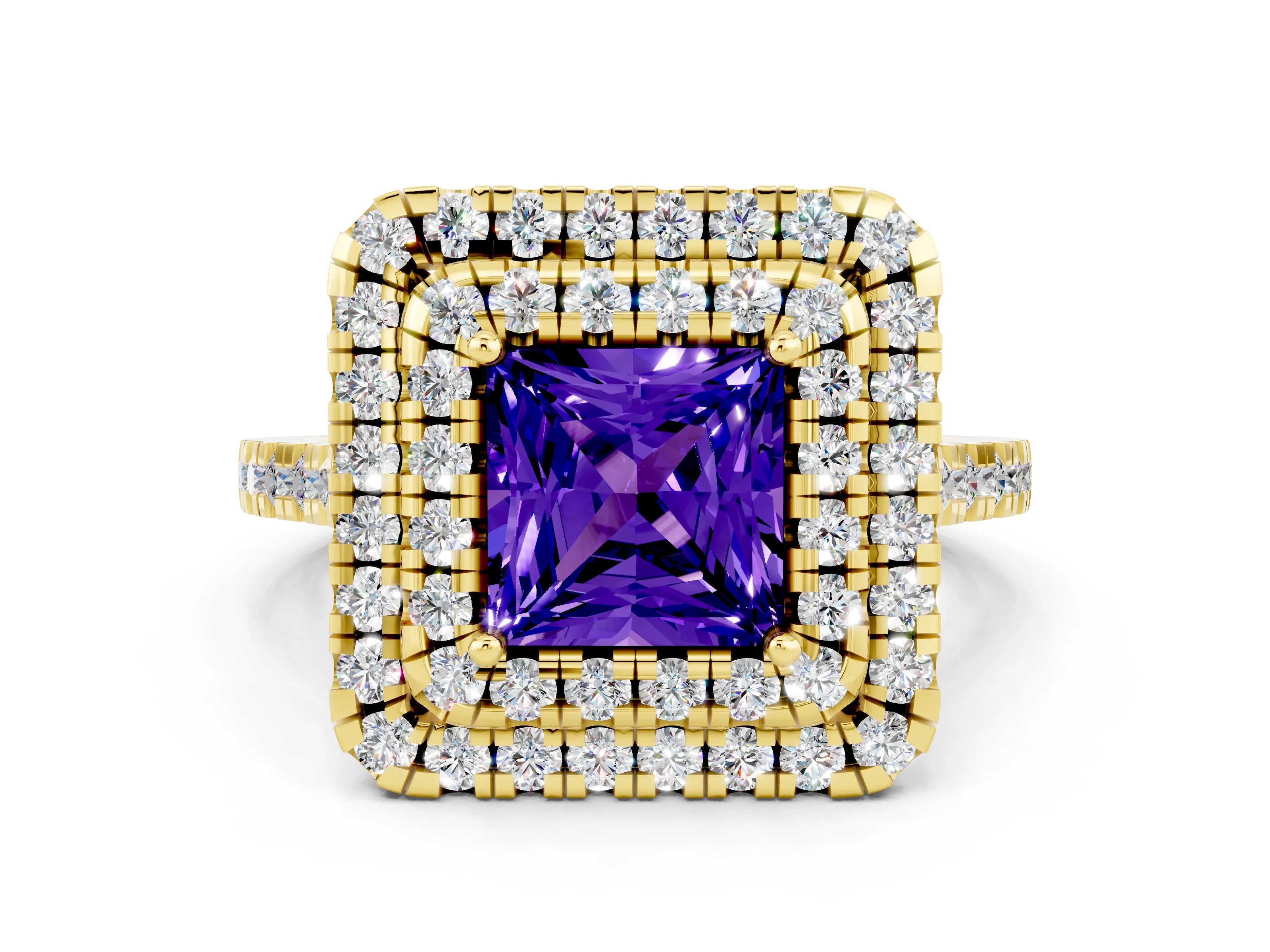 Yellow gold Double Halo Princess Cut Tanzanite Pavé Band with Four-Prong Setting