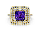 Yellow gold Double Halo Princess Cut Tanzanite Pavé Band with Four-Prong Setting
