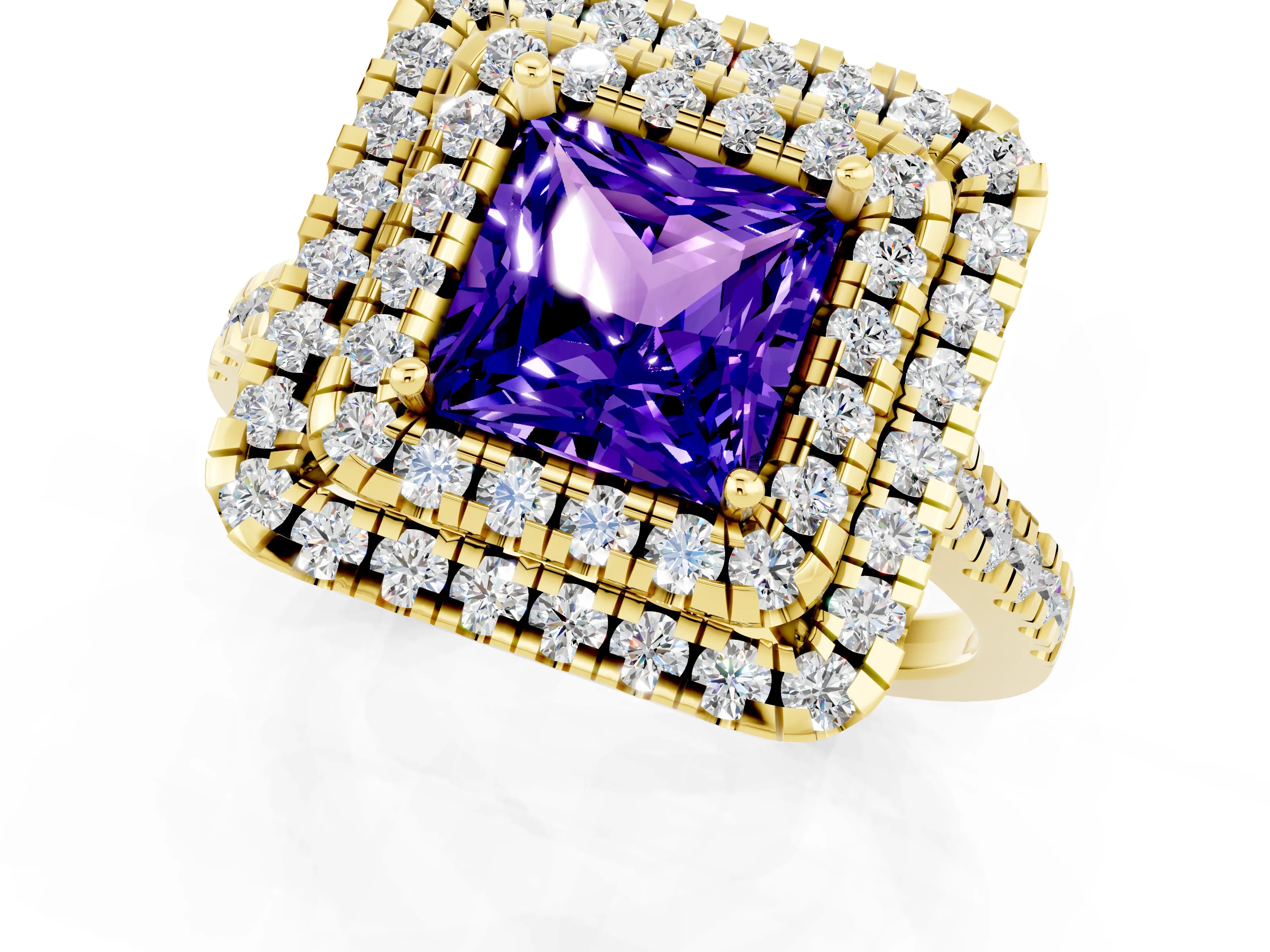 Yellow gold Double Halo Princess Cut Tanzanite Pavé Band with Four-Prong Setting_1