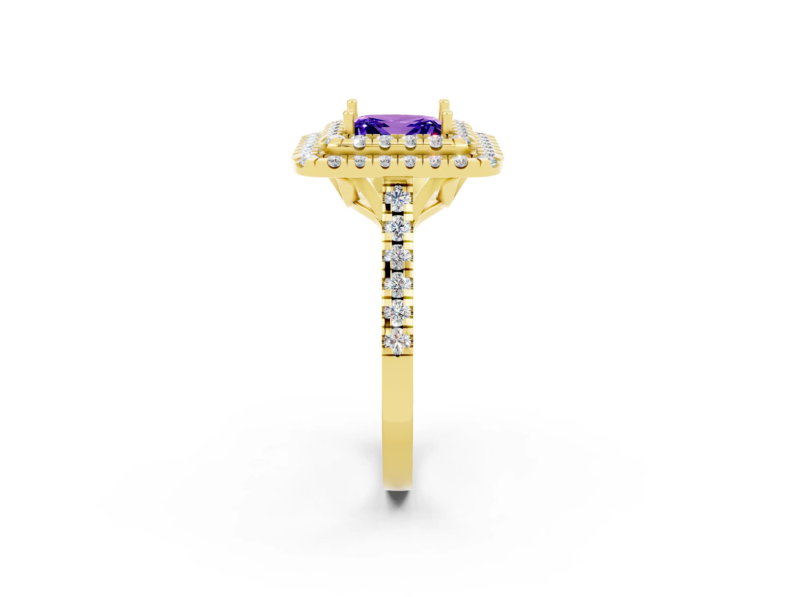 Yellow gold Double Halo Princess Cut Tanzanite Pavé Band with Four-Prong Setting_2