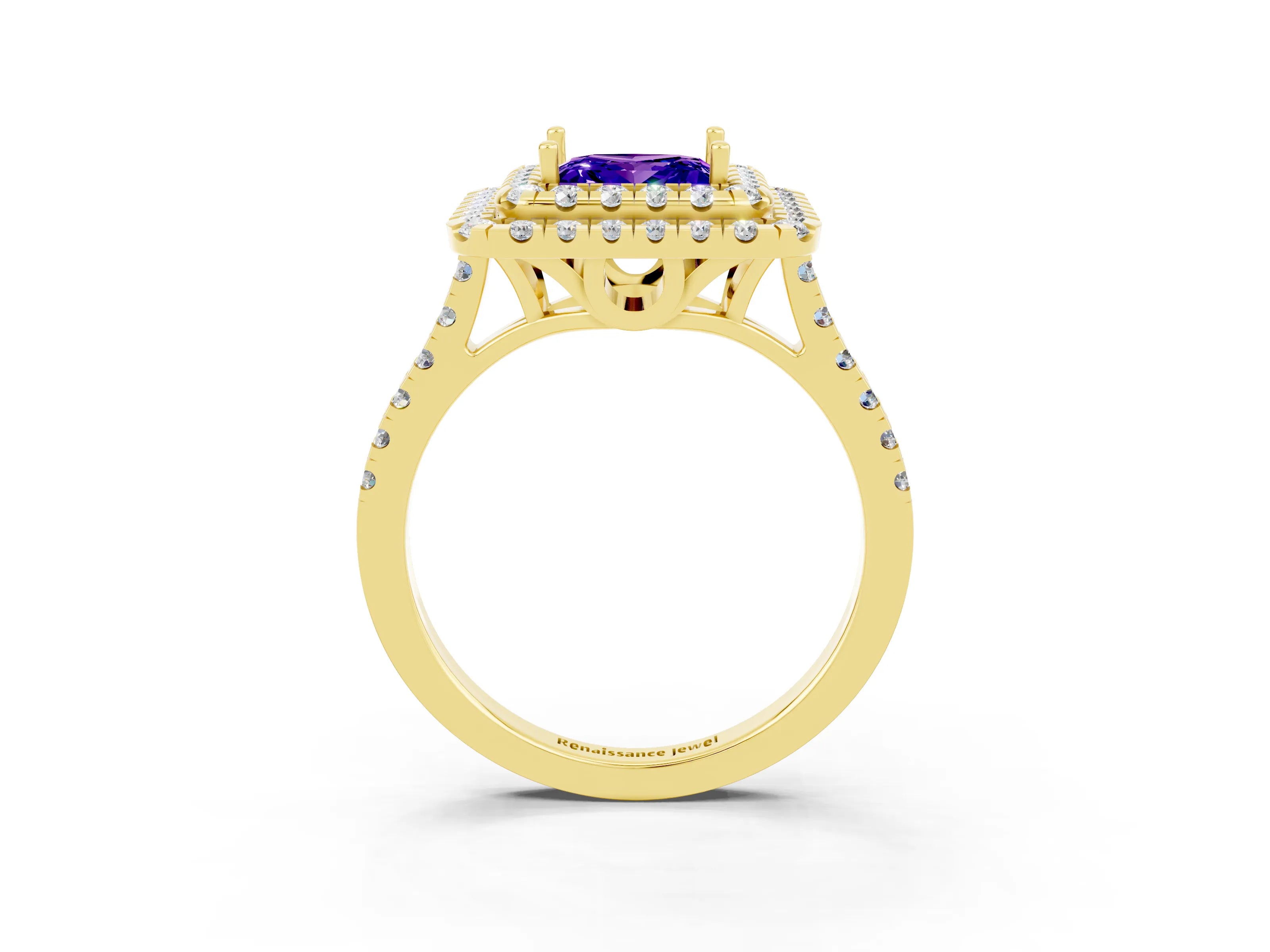 Yellow gold Double Halo Princess Cut Tanzanite Pavé Band with Four-Prong Setting_3