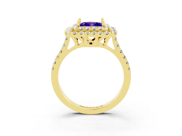 Yellow gold Double Halo Princess Cut Tanzanite Pavé Band with Four-Prong Setting