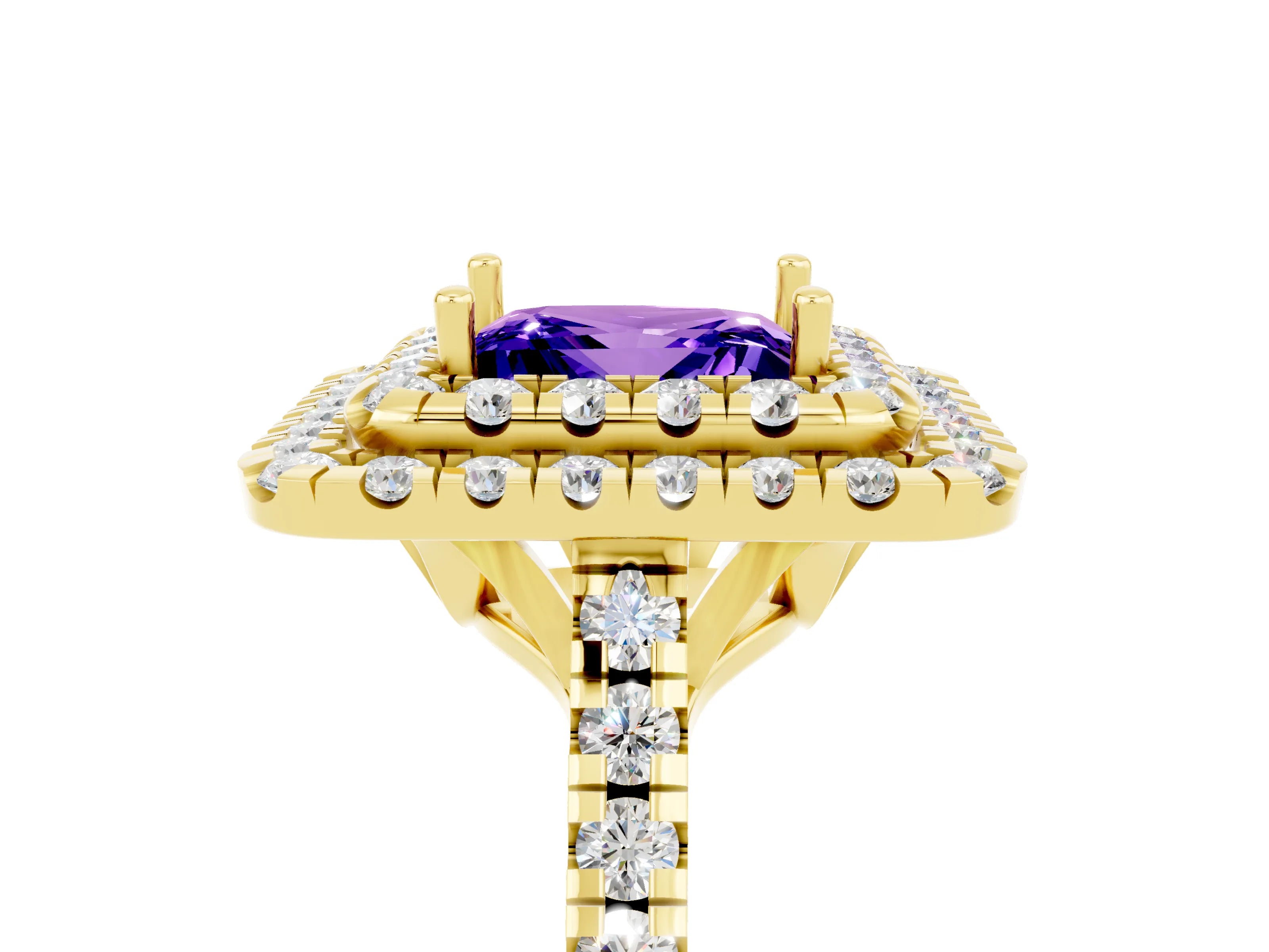Yellow gold Double Halo Princess Cut Tanzanite Pavé Band with Four-Prong Setting_5