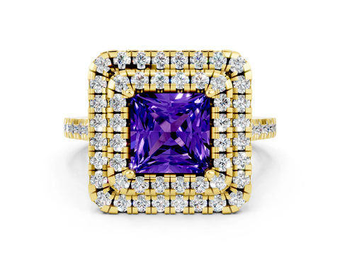 Yellow gold Double Halo Princess Cut Tanzanite Pavé Band with Four-Prong Setting