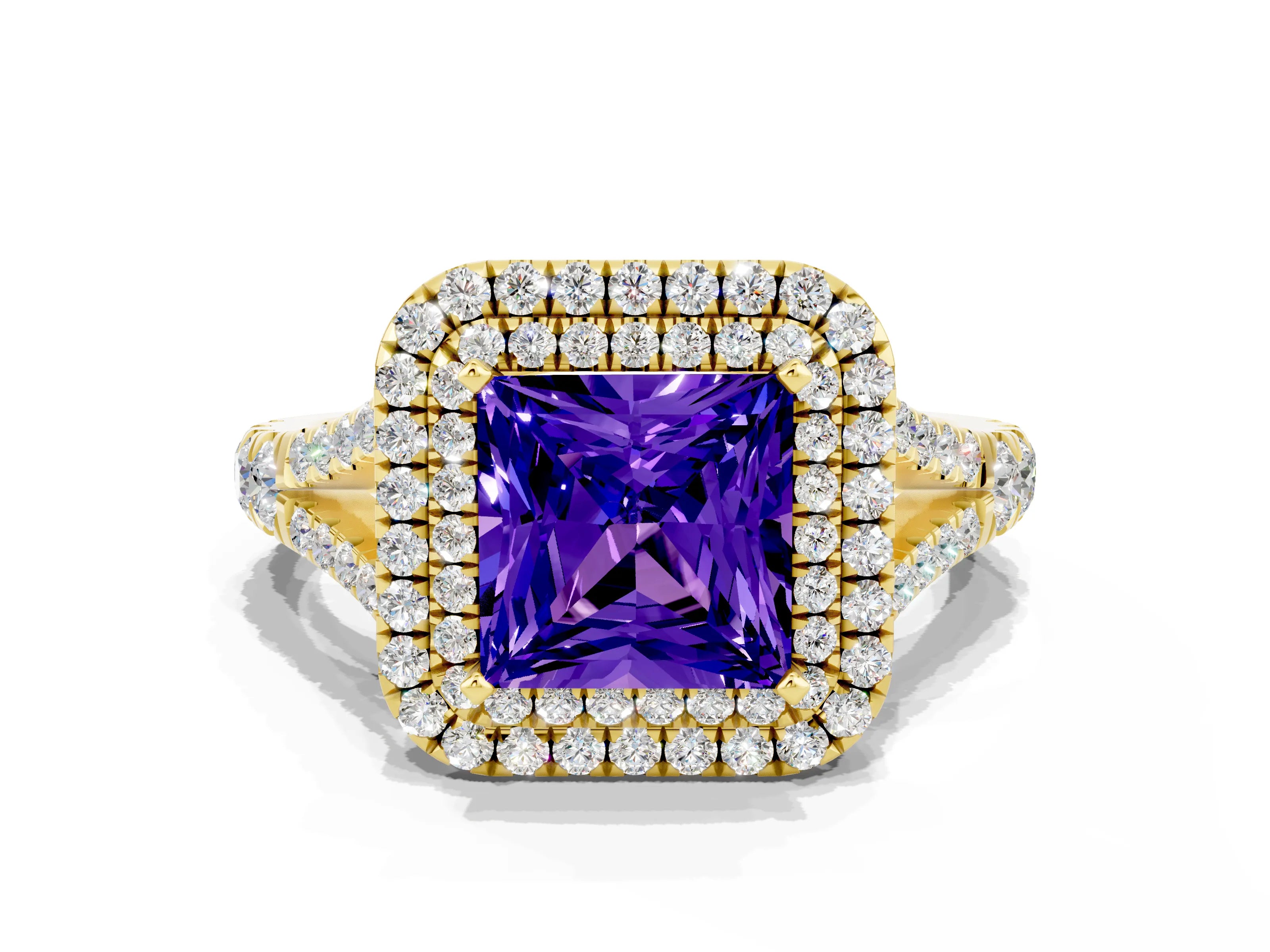 Yellow gold Double Halo Princess Cut Tanzanite Pavé Split Shank Ring with Prong Setting