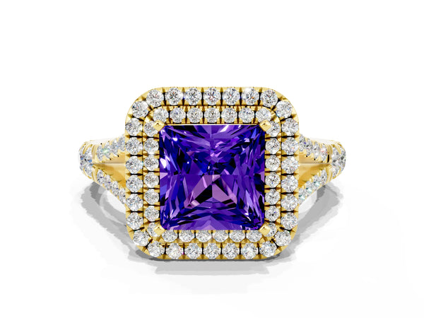Yellow gold Double Halo Princess Cut Tanzanite Pavé Split Shank Ring with Prong Setting