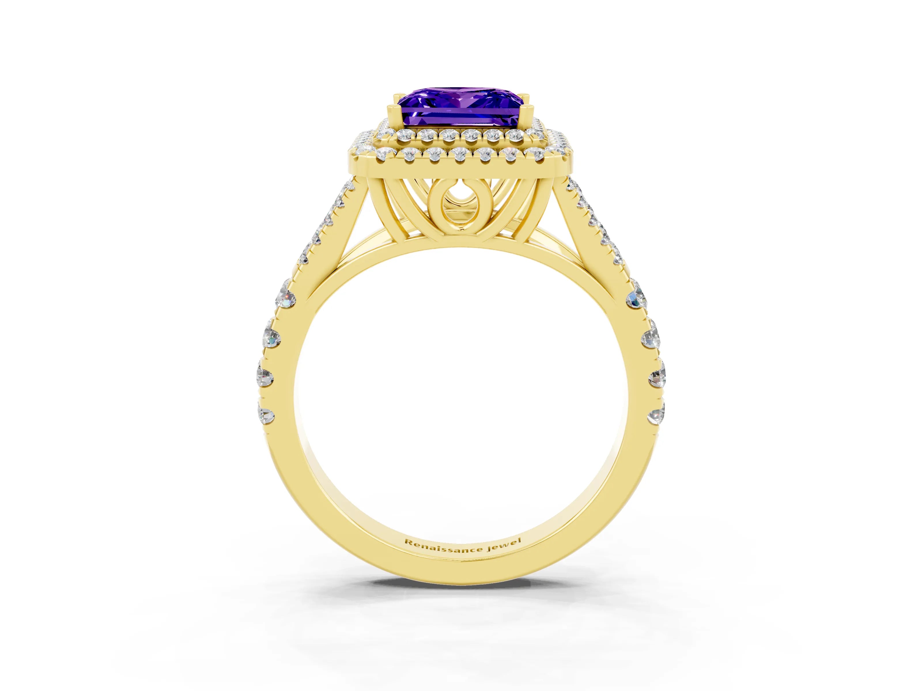 Yellow gold Double Halo Princess Cut Tanzanite Pavé Split Shank Ring with Prong Setting_3