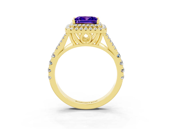 Yellow gold Double Halo Princess Cut Tanzanite Pavé Split Shank Ring with Prong Setting
