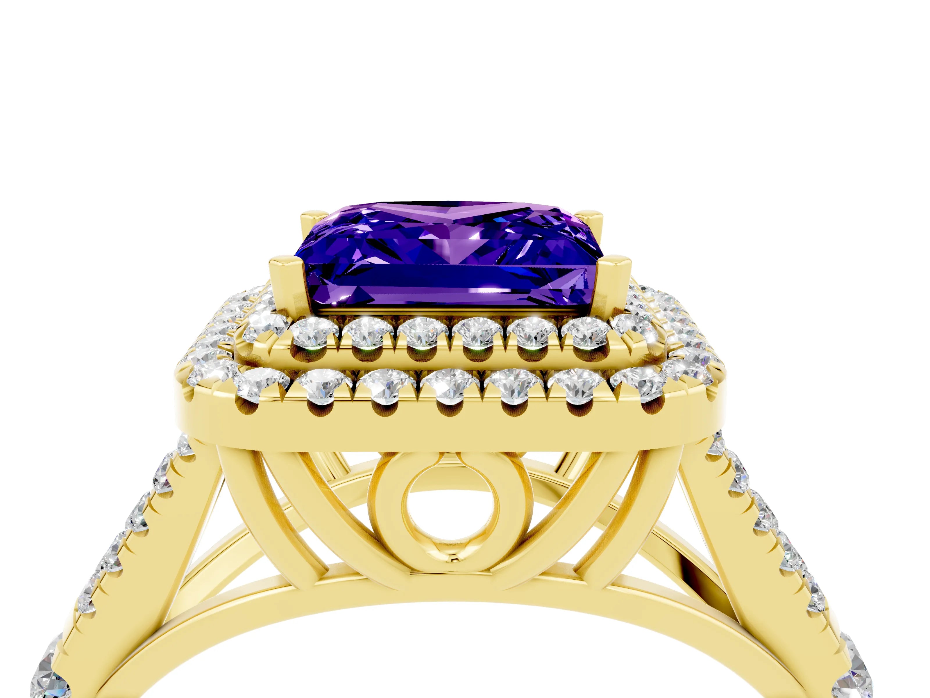 Yellow gold Double Halo Princess Cut Tanzanite Pavé Split Shank Ring with Prong Setting_4