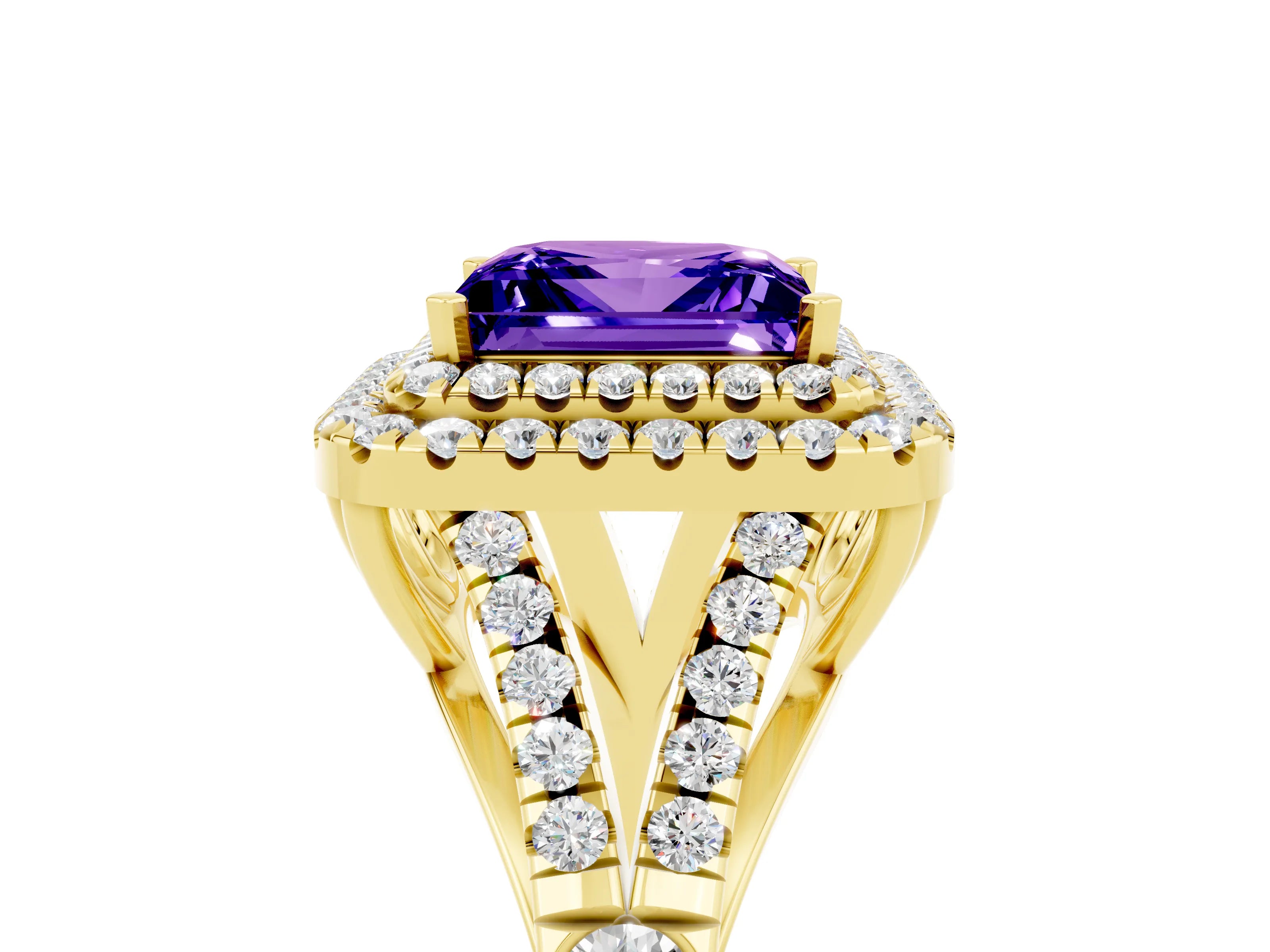 Yellow gold Double Halo Princess Cut Tanzanite Pavé Split Shank Ring with Prong Setting_5