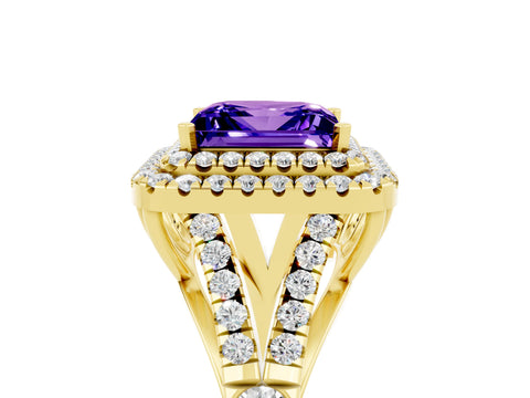 Yellow gold Double Halo Princess Cut Tanzanite Pavé Split Shank Ring with Prong Setting_5