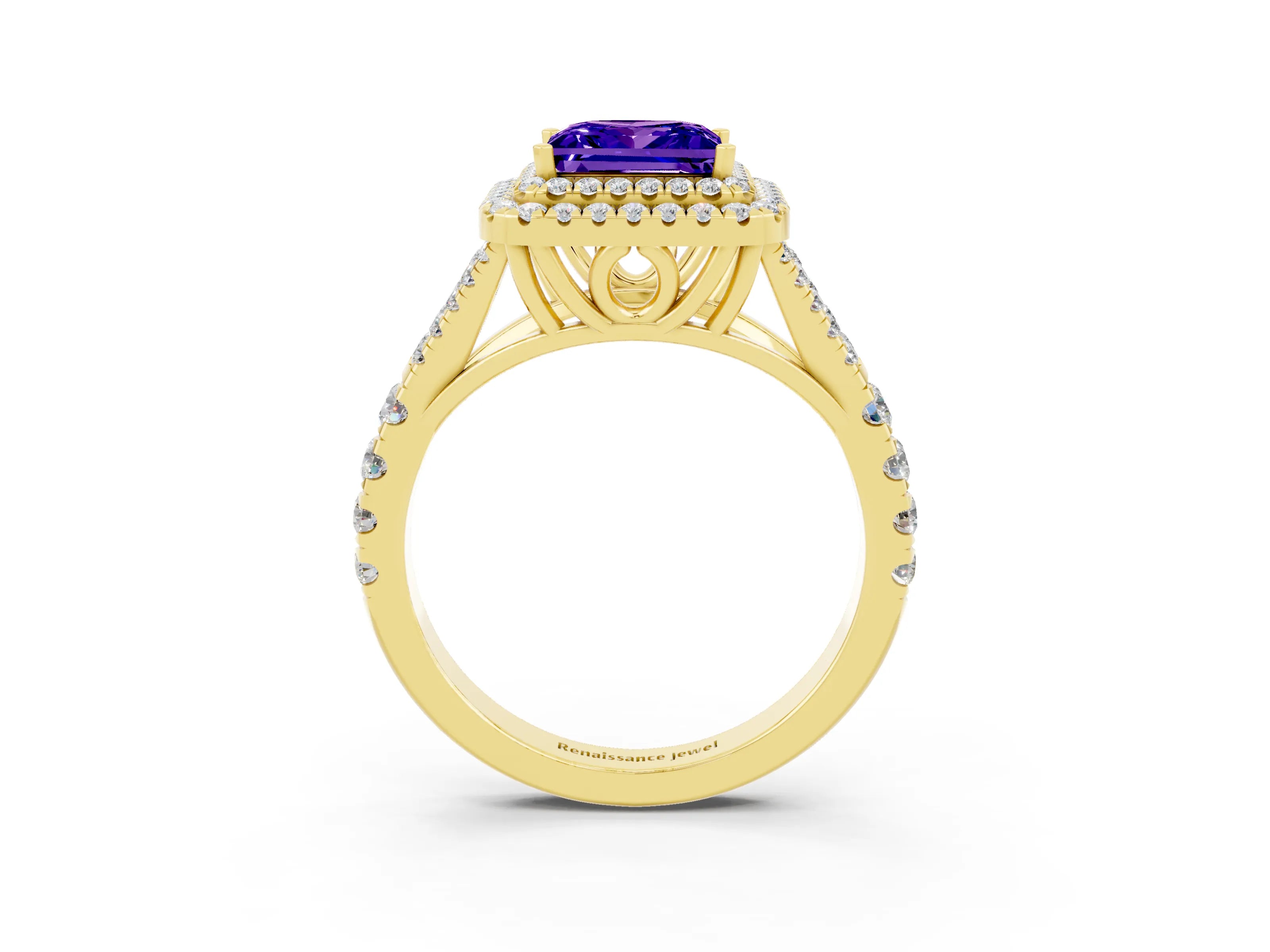 Yellow gold Double Halo Princess Cut Tanzanite Split Shank Engagement Ring with Four-Prong Setting_3