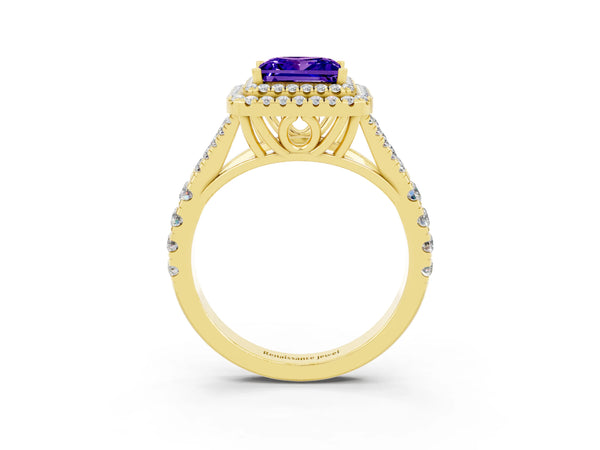 Yellow gold Double Halo Princess Cut Tanzanite Split Shank Engagement Ring with Four-Prong Setting
