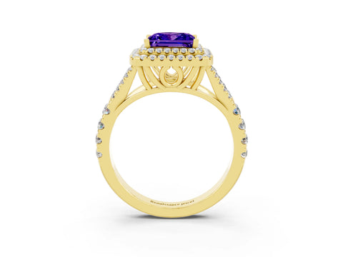 Yellow gold Double Halo Princess Cut Tanzanite Split Shank Engagement Ring with Four-Prong Setting_3