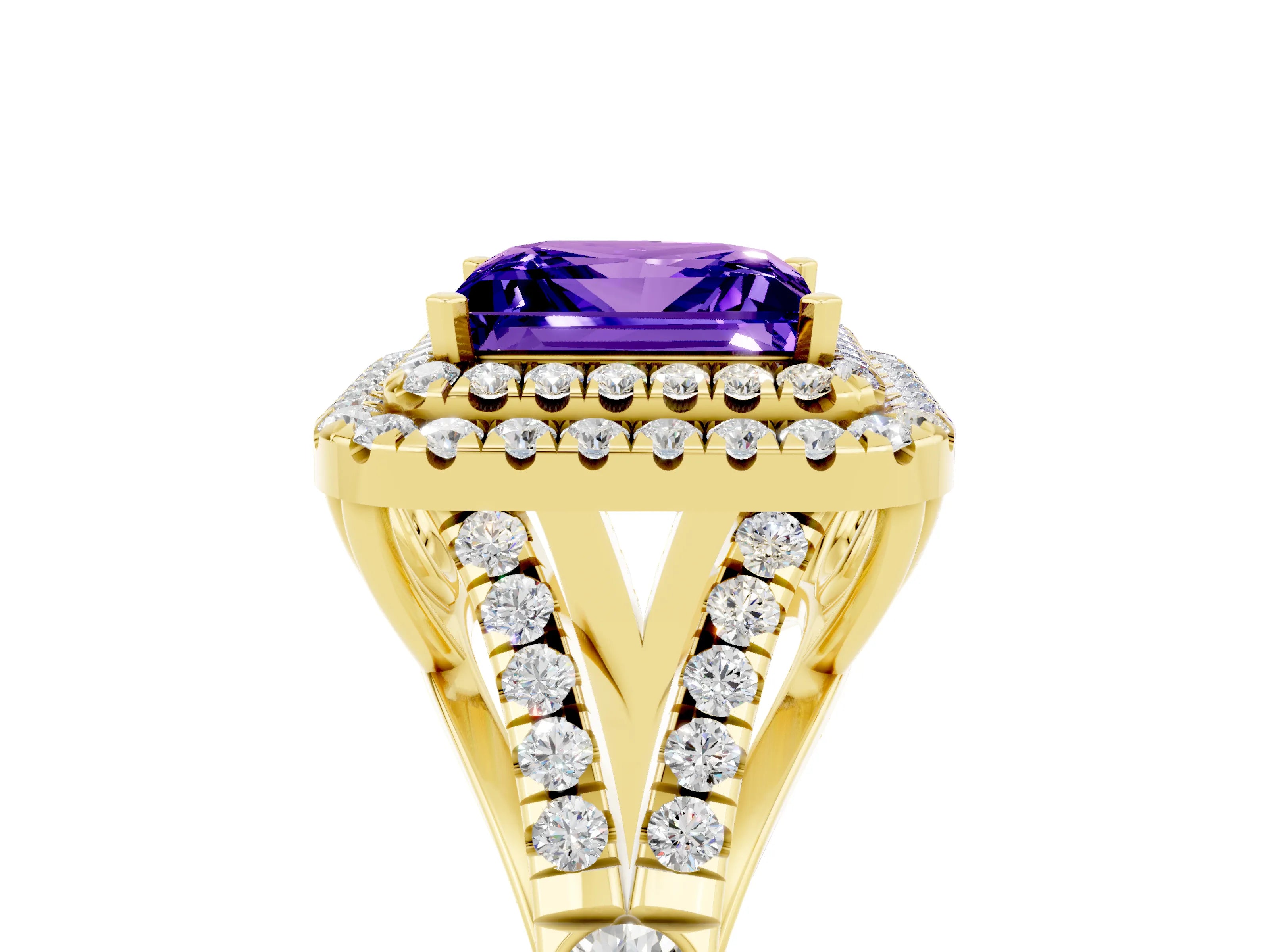 Yellow gold Double Halo Princess Cut Tanzanite Split Shank Engagement Ring with Four-Prong Setting_5