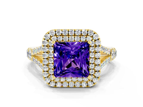 Yellow gold Double Halo Princess Cut Tanzanite Split Shank Engagement Ring with Four-Prong Setting