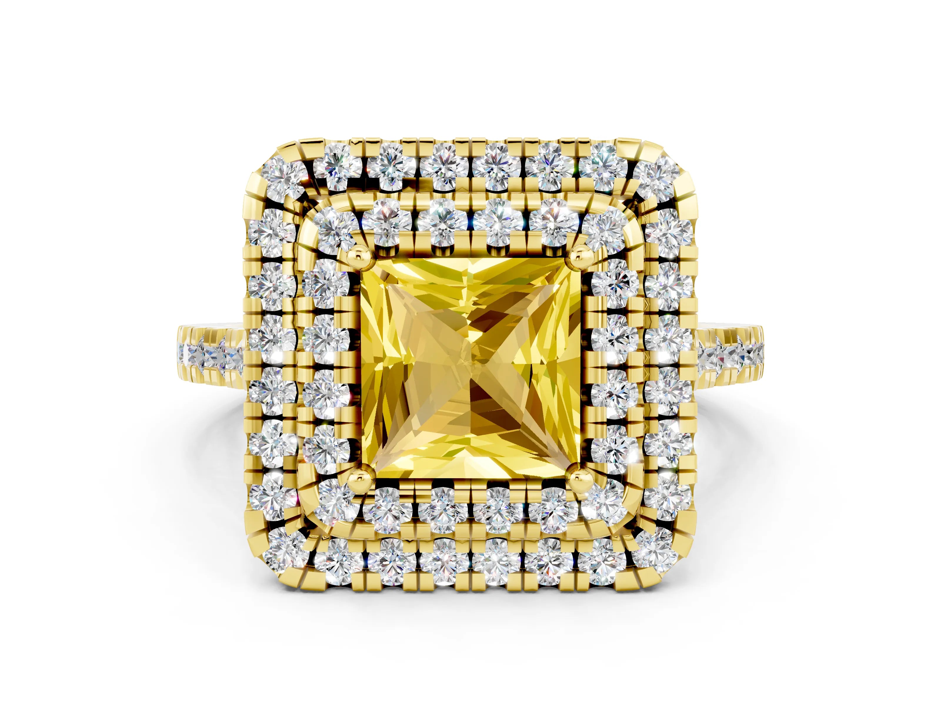 Yellow gold Double Halo Princess Cut Yellow Sapphire Pavé Band with Four-Prong Setting_24