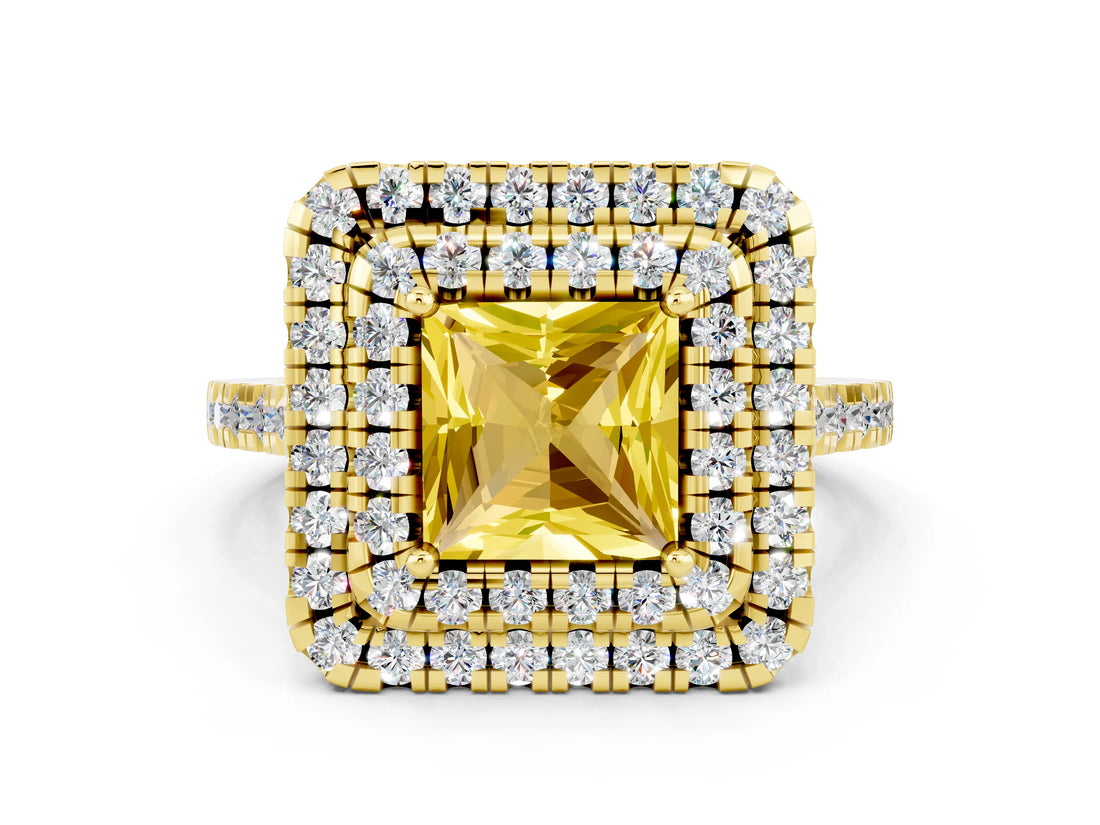 Yellow gold Double Halo Princess Cut Yellow Sapphire Pavé Band with Four-Prong Setting_24