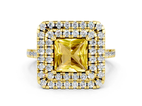 Yellow gold Double Halo Princess Cut Yellow Sapphire Pavé Band with Four-Prong Setting