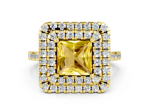 Yellow gold Double Halo Princess Cut Yellow Sapphire Pavé Band with Four-Prong Setting_24