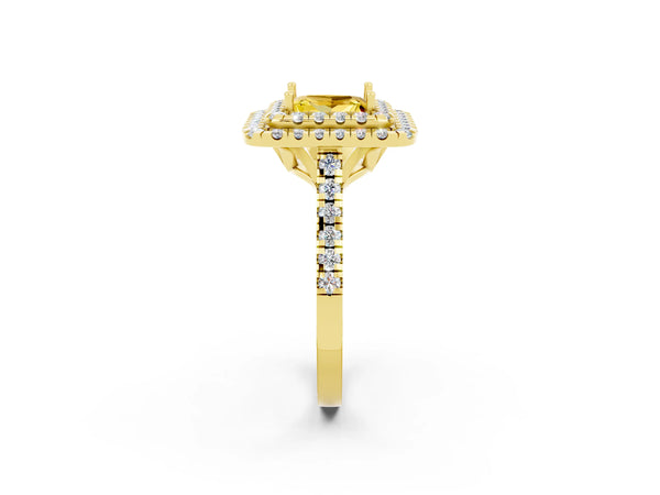 Yellow gold Double Halo Princess Cut Yellow Sapphire Pavé Band with Four-Prong Setting