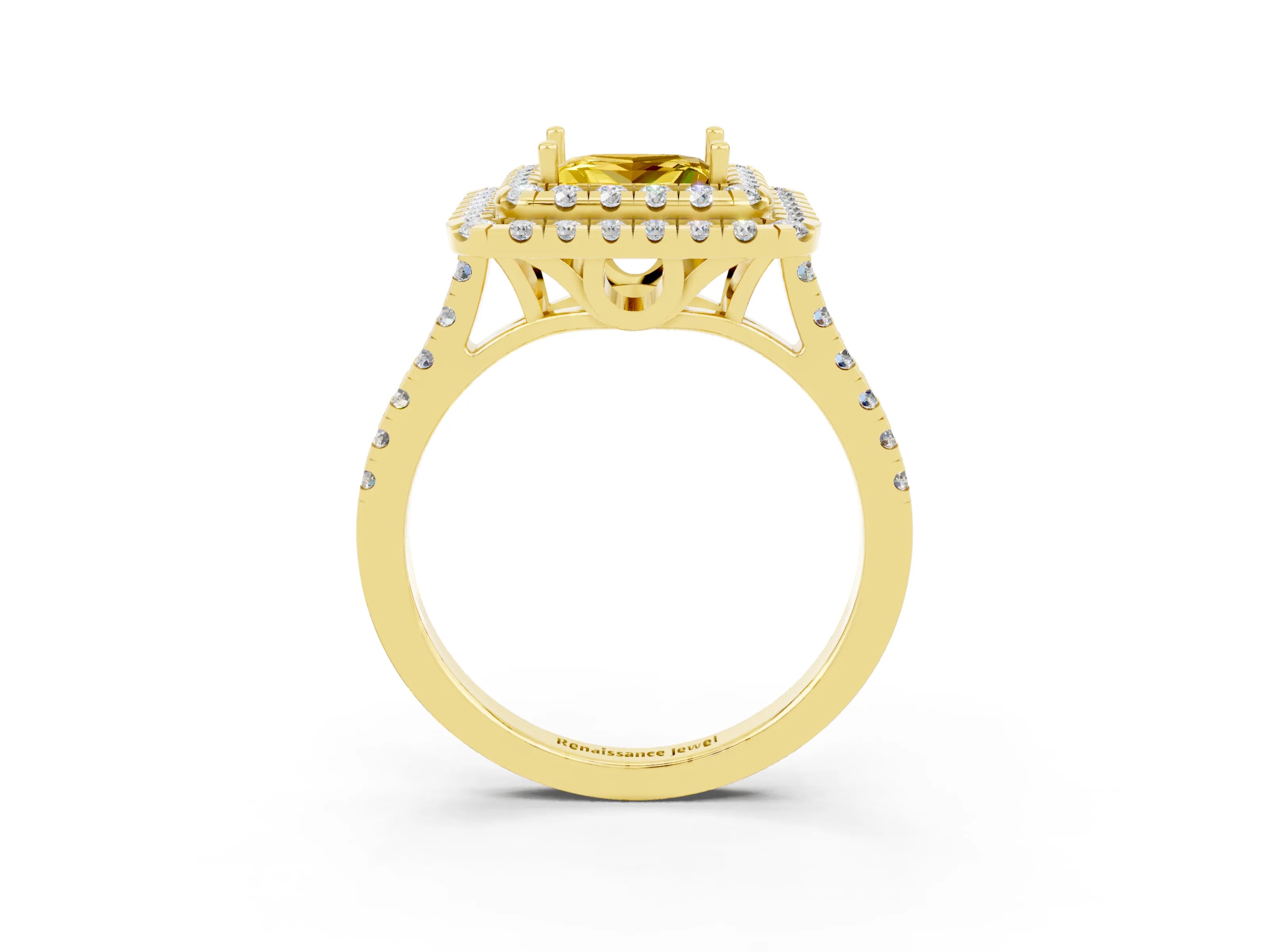 Yellow gold Double Halo Princess Cut Yellow Sapphire Pavé Band with Four-Prong Setting_27