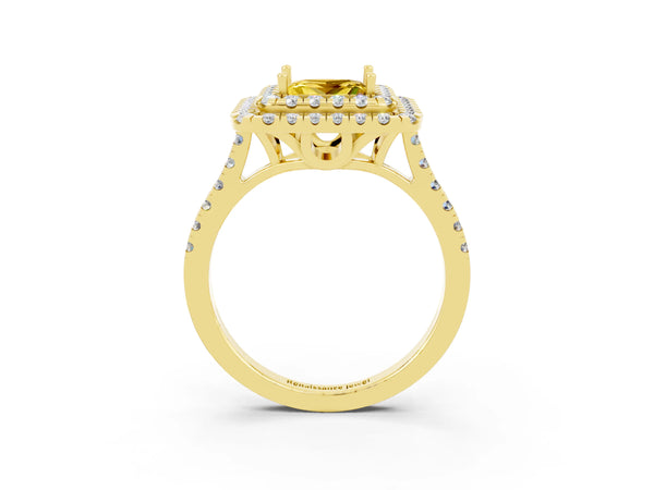 Yellow gold Double Halo Princess Cut Yellow Sapphire Pavé Band with Four-Prong Setting