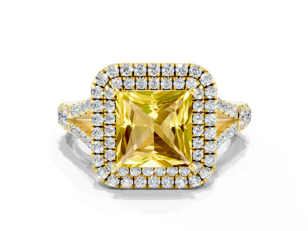 Yellow gold Double Halo Princess Cut Yellow Sapphire Pavé Split Shank Ring with Prong Setting